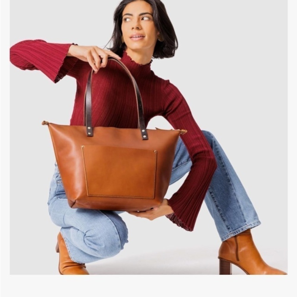 Portland Leather Goods Zip Top Tote Bag Artisan Leather Handbag Brown Medium - Picture 16 of 16
